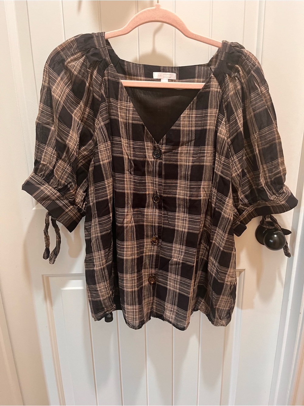LC Lauren Conrad Women's Tan and Black Plaid Button Up Blouse - XXL
